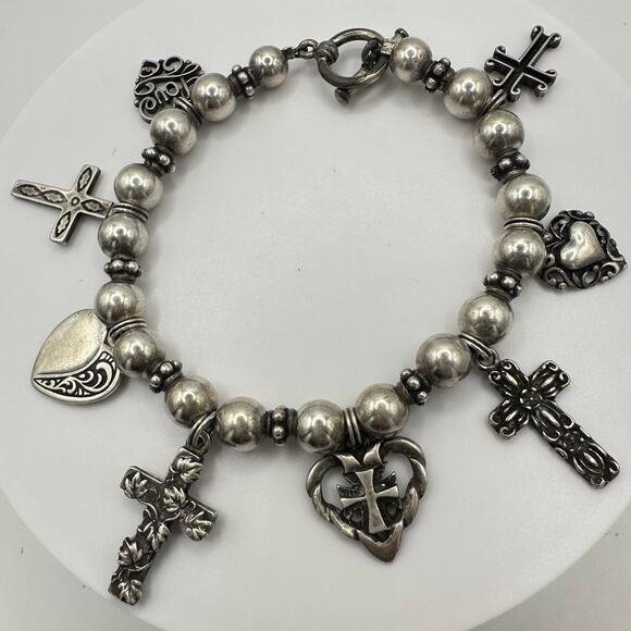 Vintage 925 sterling silver beaded crosses hearts charms bracelet 29g - Picture 1 of 8